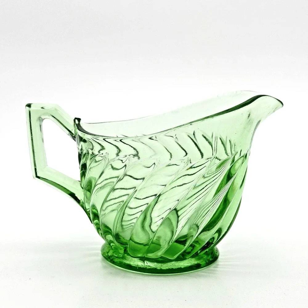 Vintage Imperial Uranium Depression Glass Twisted Optic Open Sugar Creamer READ